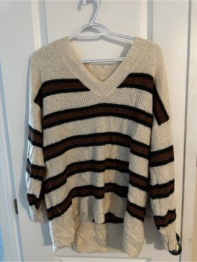 American Eagle Outfitters Cream V-Neck Sweater with Brown and Black Stripes